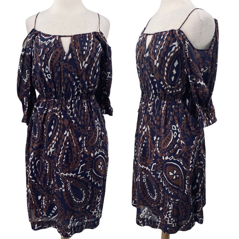 Anthropologie Paisley Boho Mini Dress Cotton Keyhole Cold Shoulder Navy Brown 10